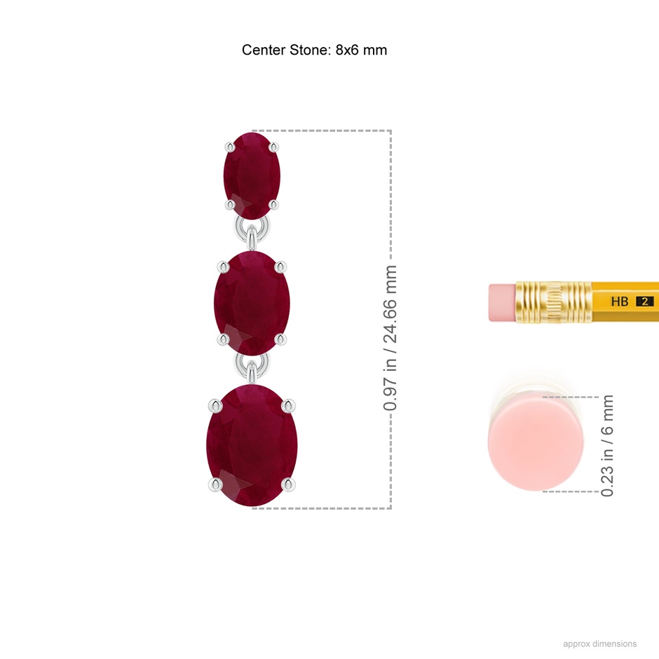 8x6mm A Graduated Oval Ruby Three Stone Earrings in White Gold ruler