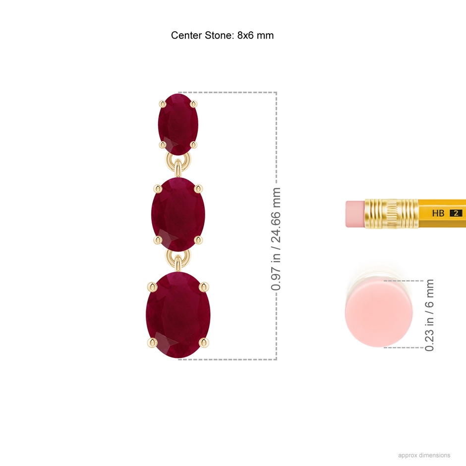 8x6mm A Graduated Oval Ruby Three Stone Earrings in Yellow Gold ruler