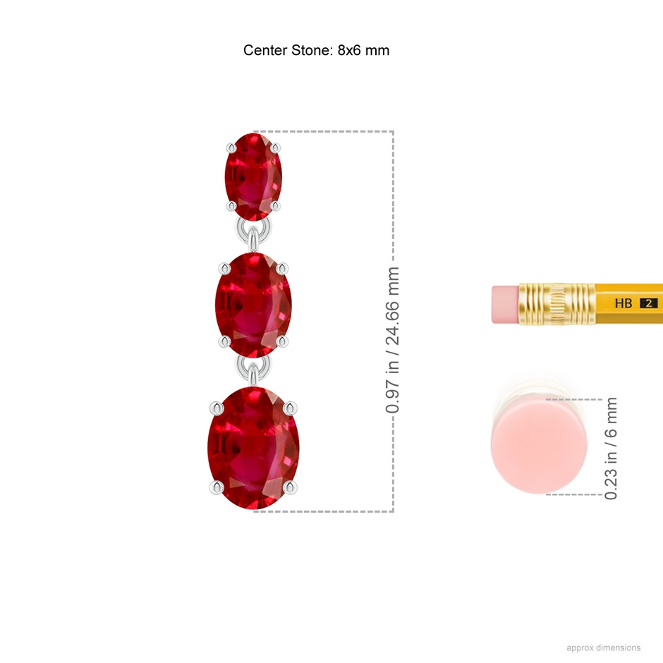 8x6mm AAA Graduated Oval Ruby Three Stone Earrings in P950 Platinum ruler