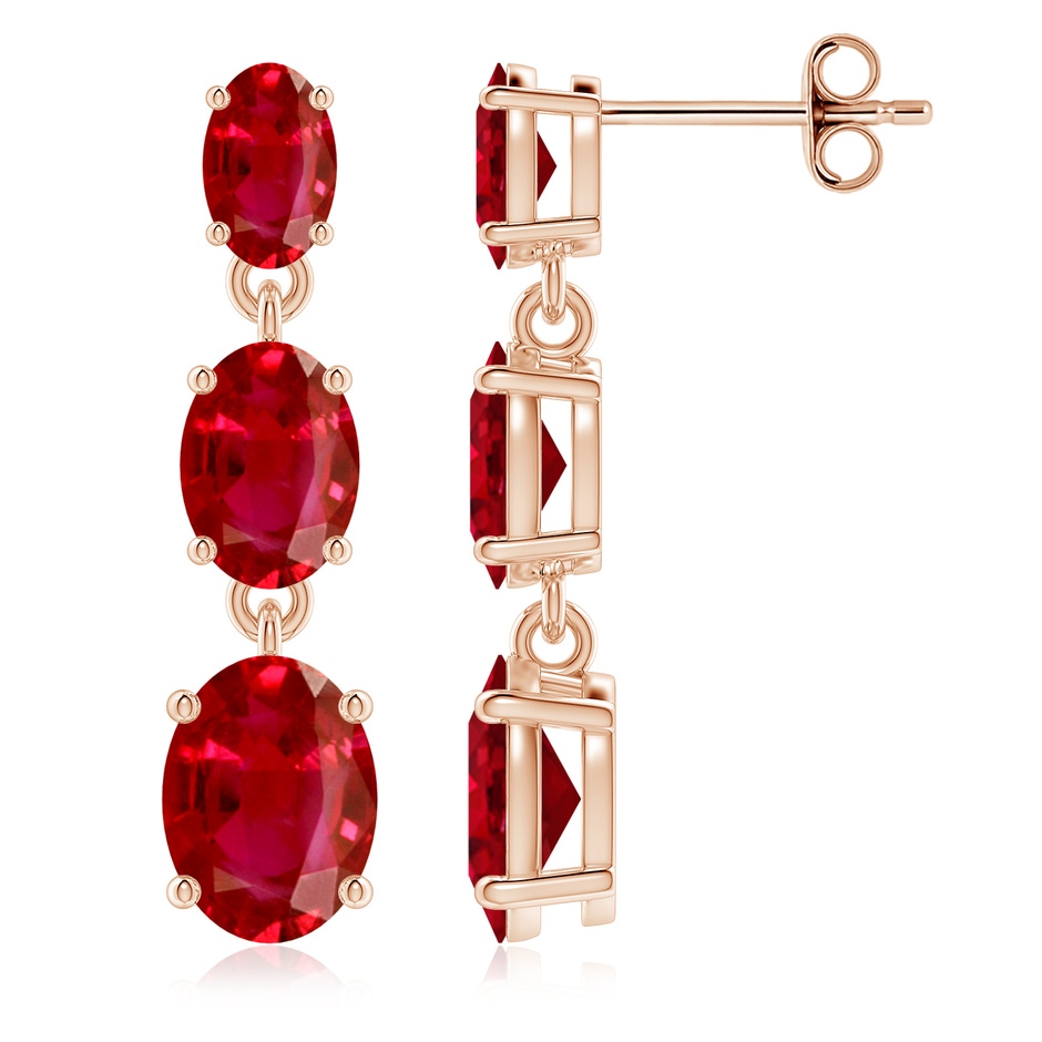 8x6mm AAA Graduated Oval Ruby Three Stone Earrings in Rose Gold 