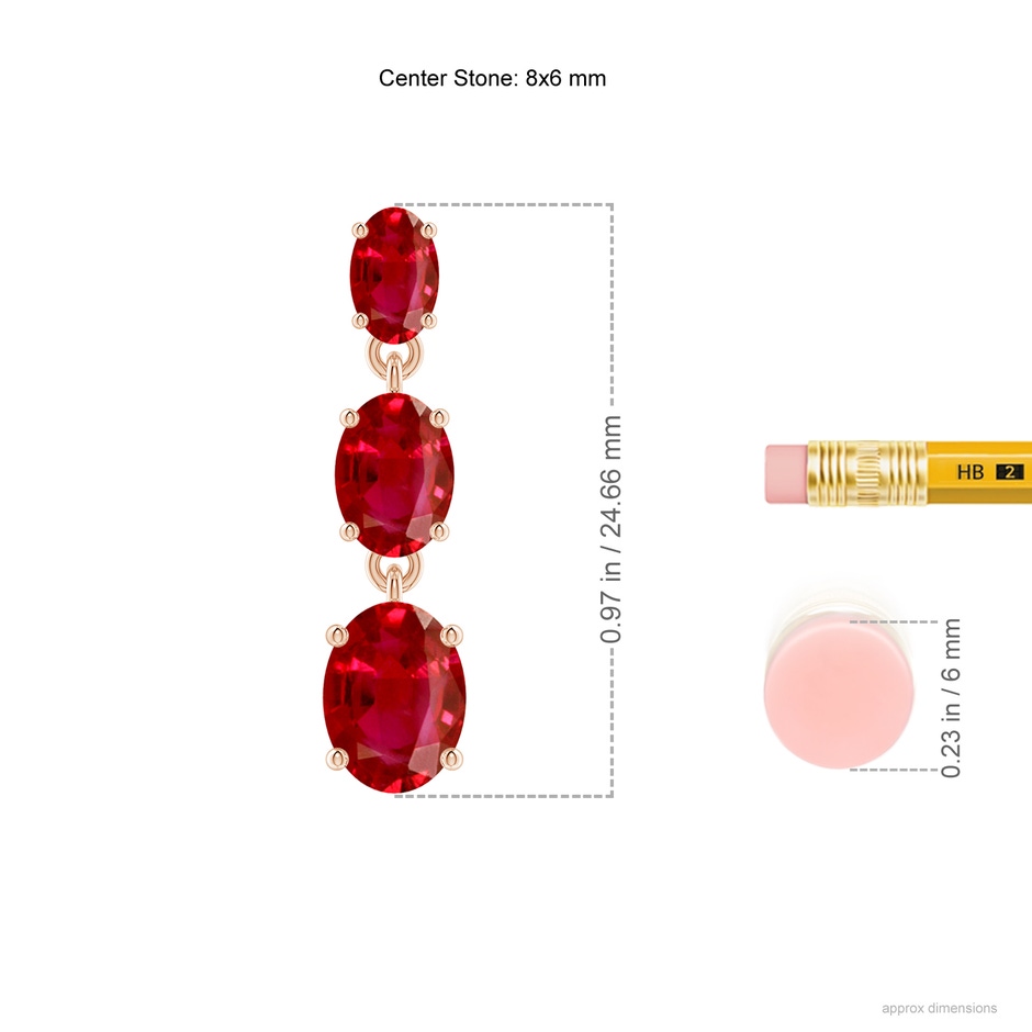 8x6mm AAA Graduated Oval Ruby Three Stone Earrings in Rose Gold ruler