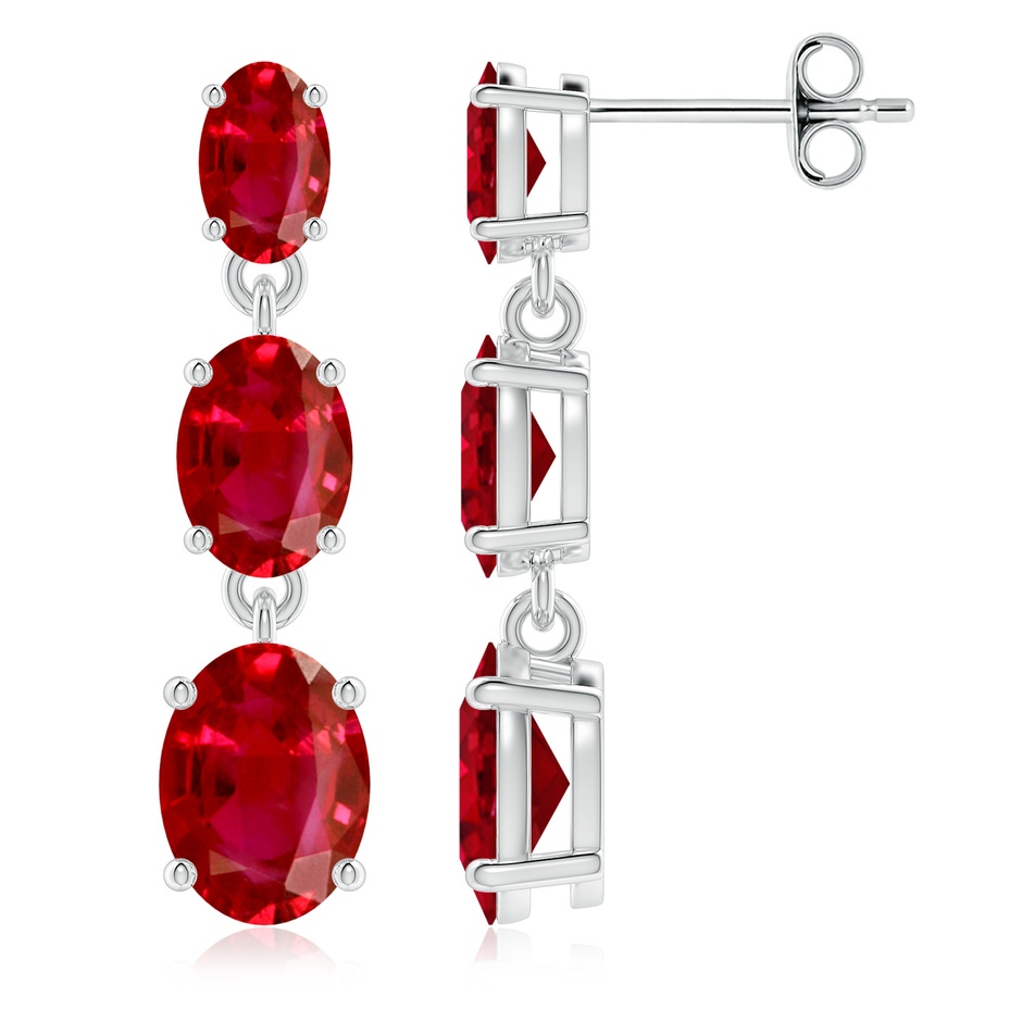 8x6mm AAA Graduated Oval Ruby Three Stone Earrings in White Gold 
