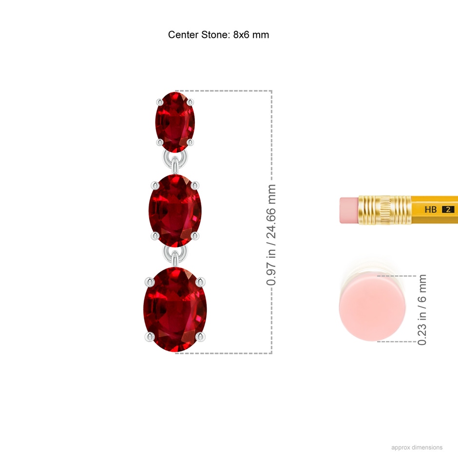 8x6mm AAAA Graduated Oval Ruby Three Stone Earrings in P950 Platinum ruler