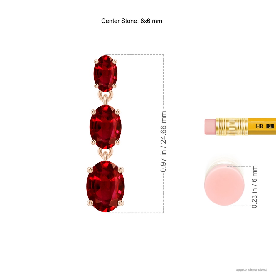 8x6mm AAAA Graduated Oval Ruby Three Stone Earrings in Rose Gold ruler