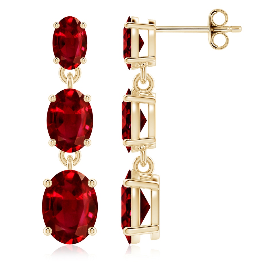 8x6mm AAAA Graduated Oval Ruby Three Stone Earrings in Yellow Gold 