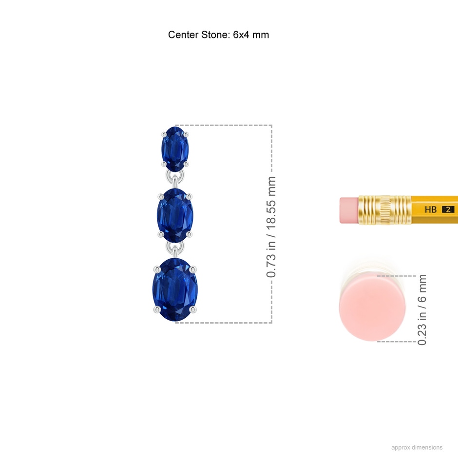 6x4mm AAA Graduated Oval Blue Sapphire Three Stone Earrings in P950 Platinum ruler