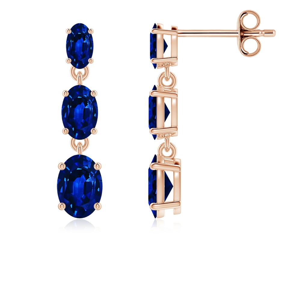 6x4mm AAAA Graduated Oval Blue Sapphire Three Stone Earrings in Rose Gold