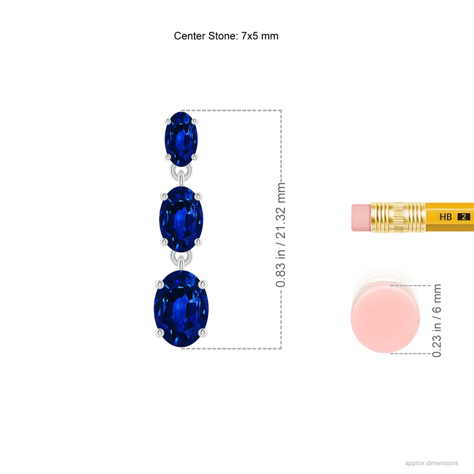 7x5mm Lab-Grown Graduated Oval Blue Sapphire Three Stone Earrings in White Gold ruler