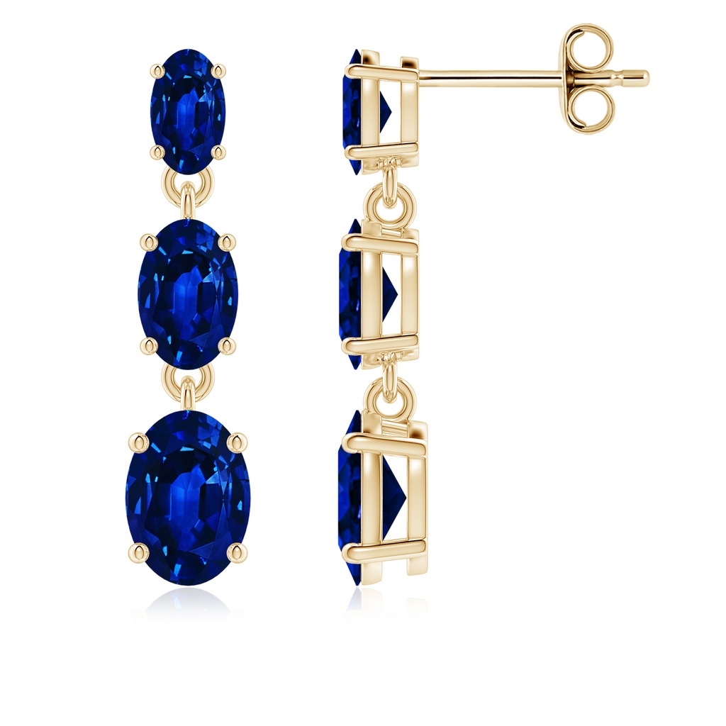 7x5mm Lab-Grown Graduated Oval Blue Sapphire Three Stone Earrings in Yellow Gold