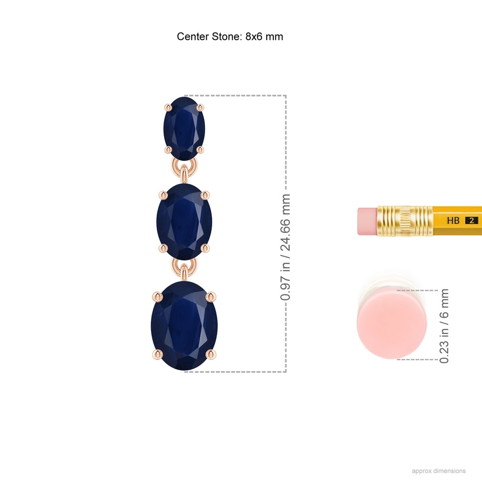 8x6mm A Graduated Oval Blue Sapphire Three Stone Earrings in 18K Rose Gold ruler