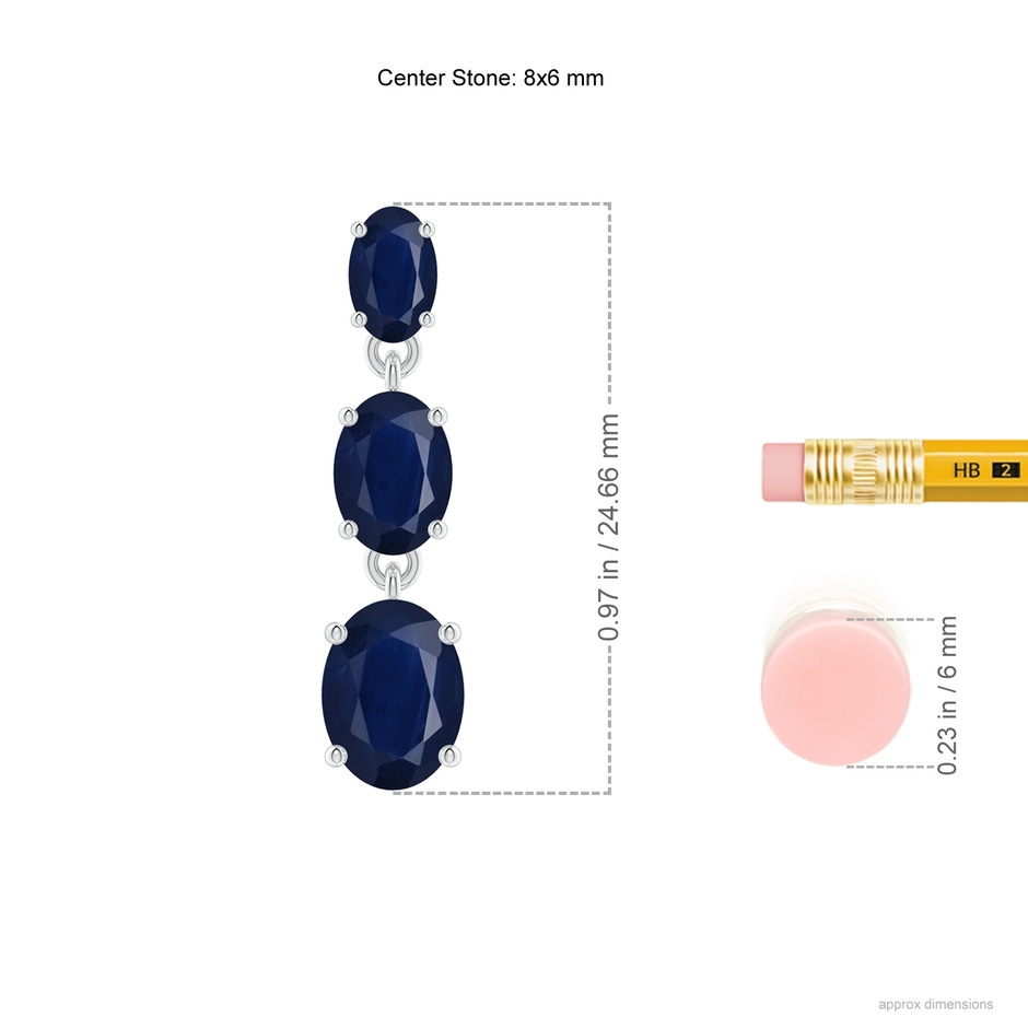 8x6mm A Graduated Oval Blue Sapphire Three Stone Earrings in 18K White Gold ruler