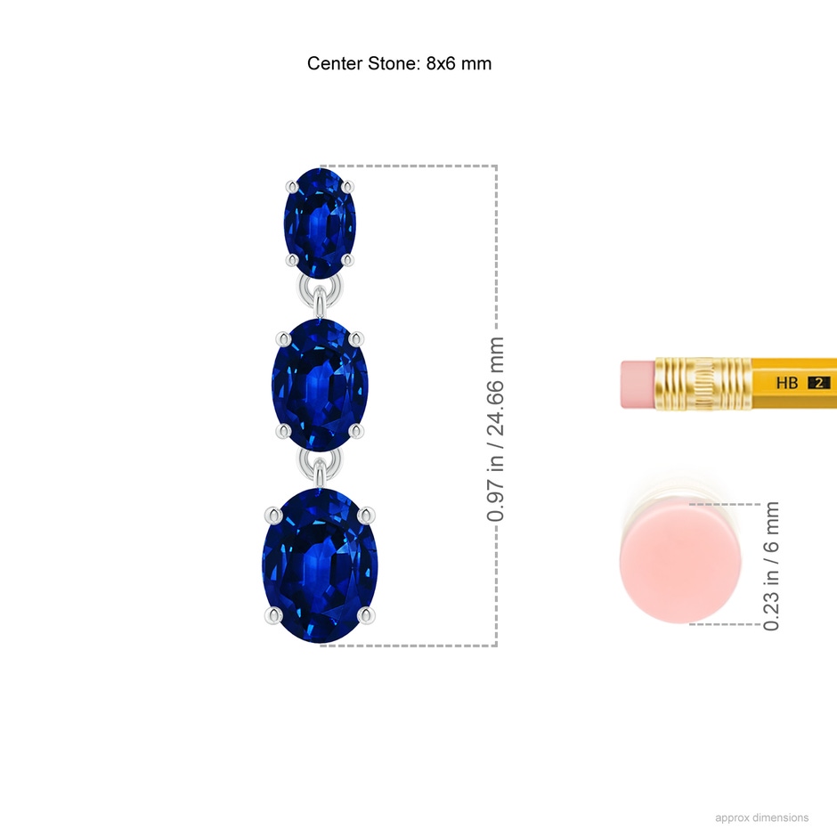 8x6mm AAAA Graduated Oval Blue Sapphire Three Stone Earrings in P950 Platinum ruler