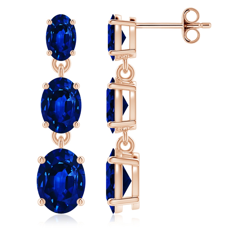 8x6mm AAAA Graduated Oval Blue Sapphire Three Stone Earrings in Rose Gold 