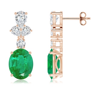 10x8mm AA Oval Emerald Dangle Earrings with Diamond Leaf Motifs in Rose Gold