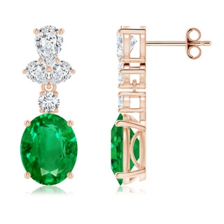 10x8mm AAA Oval Emerald Dangle Earrings with Diamond Leaf Motifs in Rose Gold