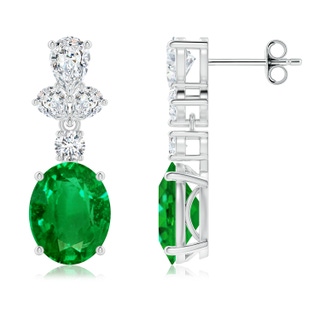 10x8mm AAAA Oval Emerald Dangle Earrings with Diamond Leaf Motifs in P950 Platinum