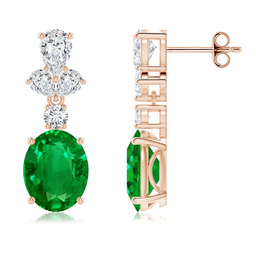 10x8mm AAAA Oval Emerald Dangle Earrings with Diamond Leaf Motifs in Rose Gold