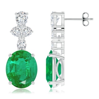 12x10mm AA Oval Emerald Dangle Earrings with Diamond Leaf Motifs in P950 Platinum