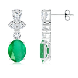 9x7mm A Oval Emerald Dangle Earrings with Diamond Leaf Motifs in P950 Platinum