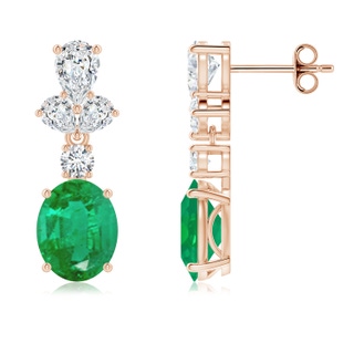 9x7mm AA Oval Emerald Dangle Earrings with Diamond Leaf Motifs in 9K Rose Gold