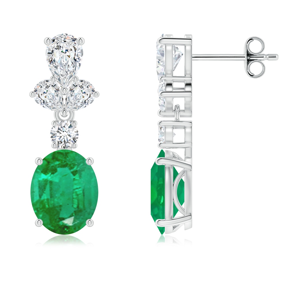 9x7mm AA Oval Emerald Dangle Earrings with Diamond Leaf Motifs in White Gold