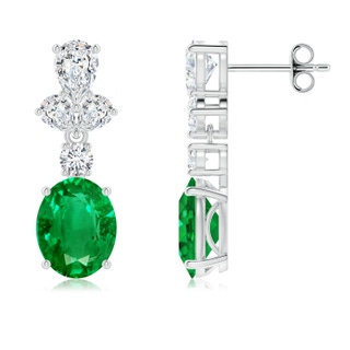 9x7mm AAA Oval Emerald Dangle Earrings with Diamond Leaf Motifs in P950 Platinum