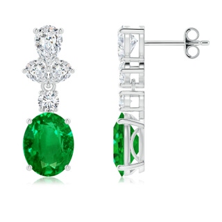 9x7mm AAAA Oval Emerald Dangle Earrings with Diamond Leaf Motifs in P950 Platinum