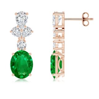 9x7mm AAAA Oval Emerald Dangle Earrings with Diamond Leaf Motifs in Rose Gold