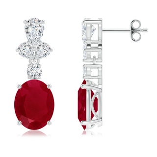 10x8mm AA Oval Ruby Dangle Earrings with Diamond Leaf Motifs in P950 Platinum