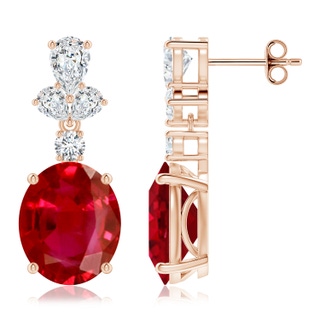 12x10mm AAA Oval Ruby Dangle Earrings with Diamond Leaf Motifs in Rose Gold