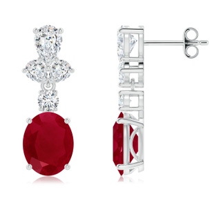 9x7mm AA Oval Ruby Dangle Earrings with Diamond Leaf Motifs in White Gold