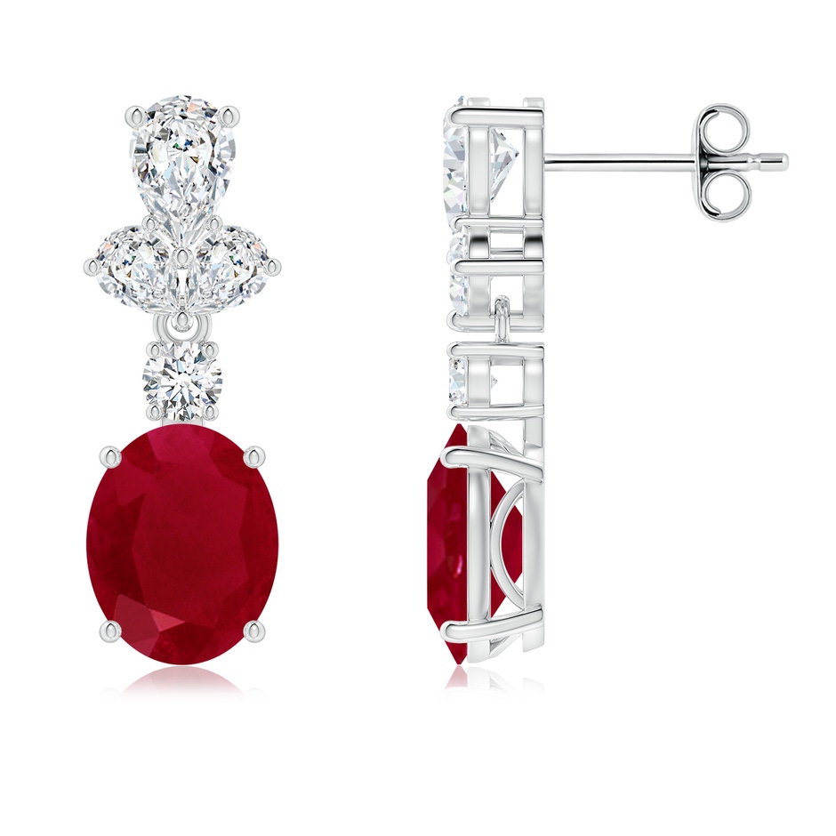 9x7mm AA Oval Ruby Dangle Earrings with Diamond Leaf Motifs in White Gold 