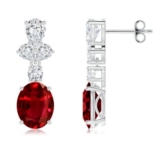 9x7mm AAAA Oval Ruby Dangle Earrings with Diamond Leaf Motifs in P950 Platinum