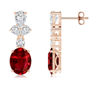 9x7mm AAAA Oval Ruby Dangle Earrings with Diamond Leaf Motifs in Rose Gold