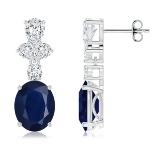 10x8mm A Oval Blue Sapphire Dangle Earrings with Diamond Leaf Motifs in P950 Platinum