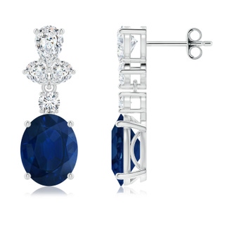 10x8mm AA Oval Blue Sapphire Dangle Earrings with Diamond Leaf Motifs in P950 Platinum