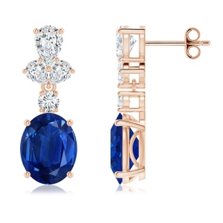 10x8mm AAA Oval Blue Sapphire Dangle Earrings with Diamond Leaf Motifs in Rose Gold