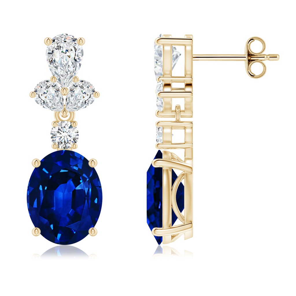 10x8mm Lab-Grown Oval Blue Sapphire Dangle Earrings with Diamond Leaf Motifs in Yellow Gold