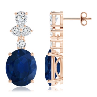 12x10mm AA Oval Blue Sapphire Dangle Earrings with Diamond Leaf Motifs in Rose Gold
