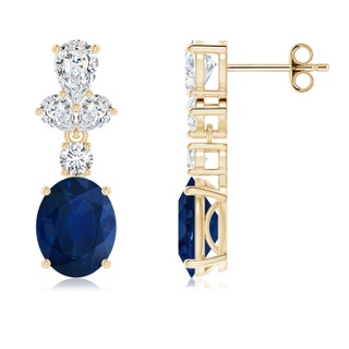 9x7mm AA Oval Blue Sapphire Dangle Earrings with Diamond Leaf Motifs in Yellow Gold