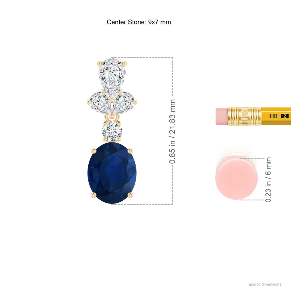 9x7mm AA Oval Blue Sapphire Dangle Earrings with Diamond Leaf Motifs in Yellow Gold ruler