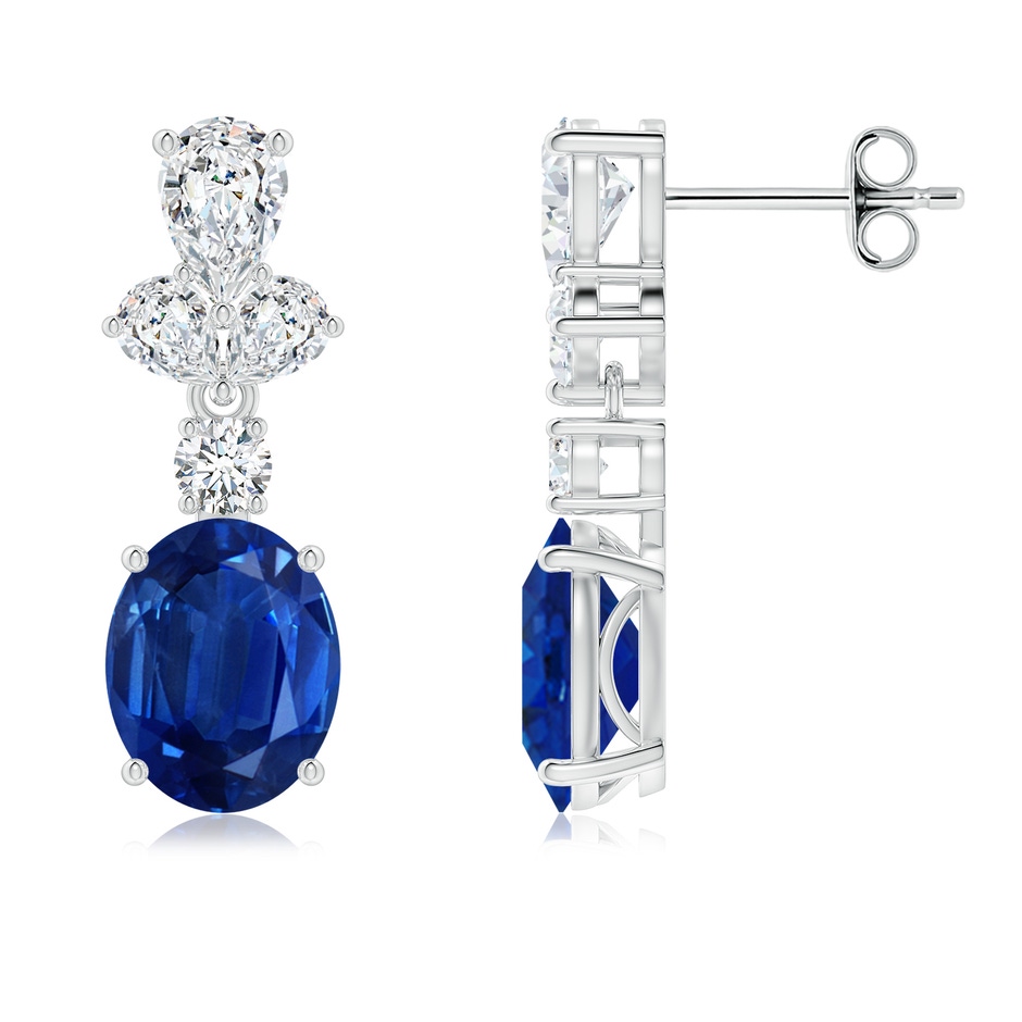 9x7mm AAA Oval Blue Sapphire Dangle Earrings with Diamond Leaf Motifs in White Gold 