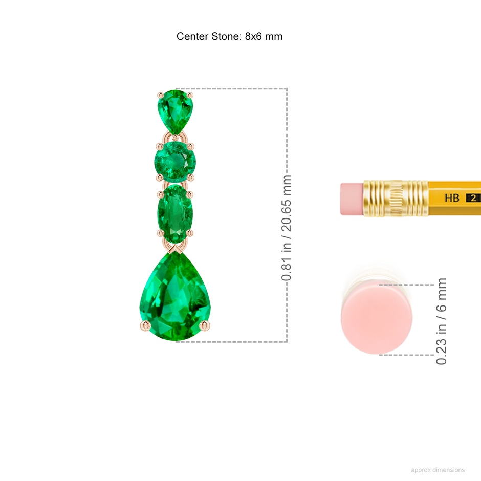8x6mm AAA Multi-Shape Emerald Dangle Earrings in Rose Gold ruler