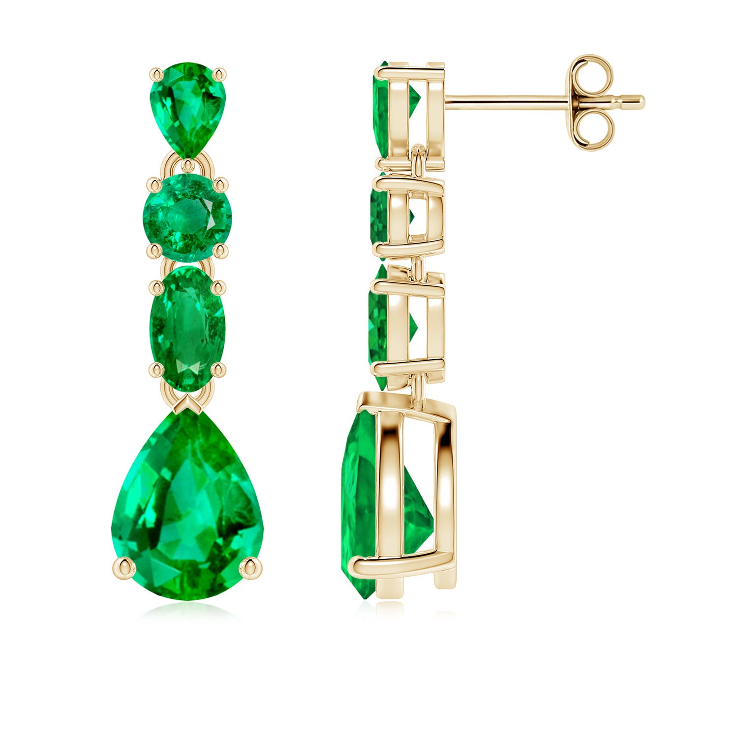 8x6mm AAA Multi-Shape Emerald Dangle Earrings in Yellow Gold