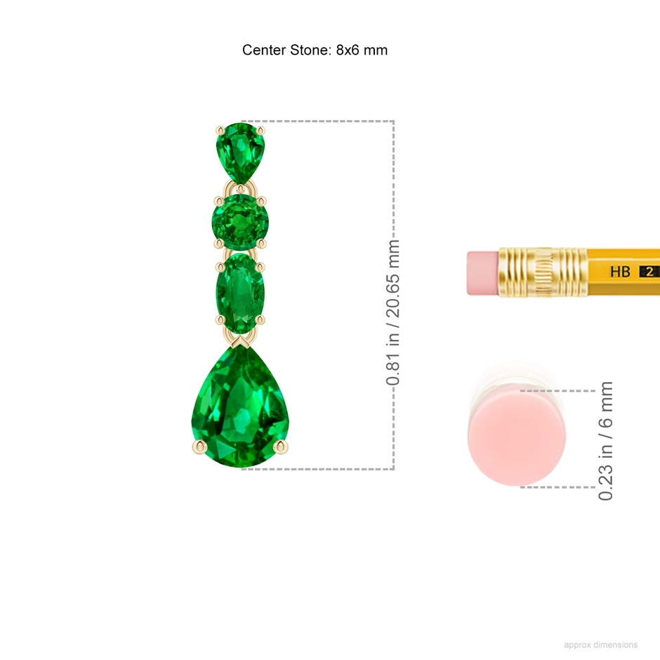 8x6mm AAAA Multi-Shape Emerald Dangle Earrings in Yellow Gold ruler
