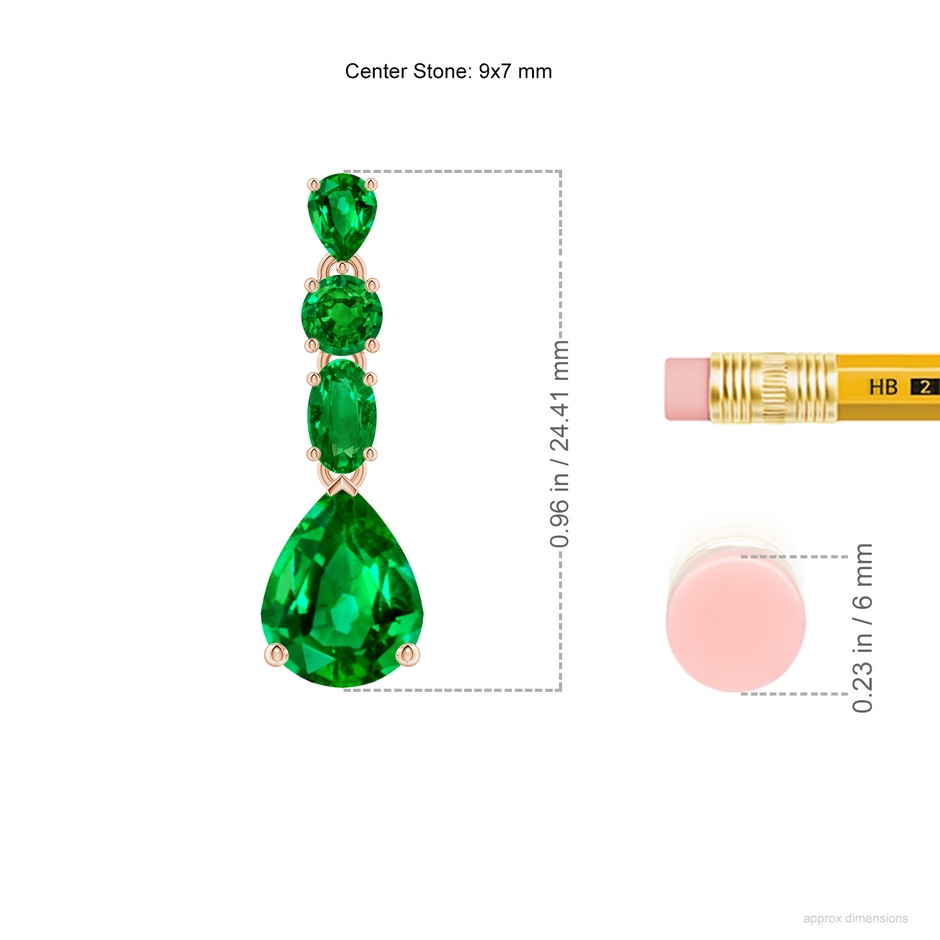 9x7mm AAAA Multi-Shape Emerald Dangle Earrings in Rose Gold ruler
