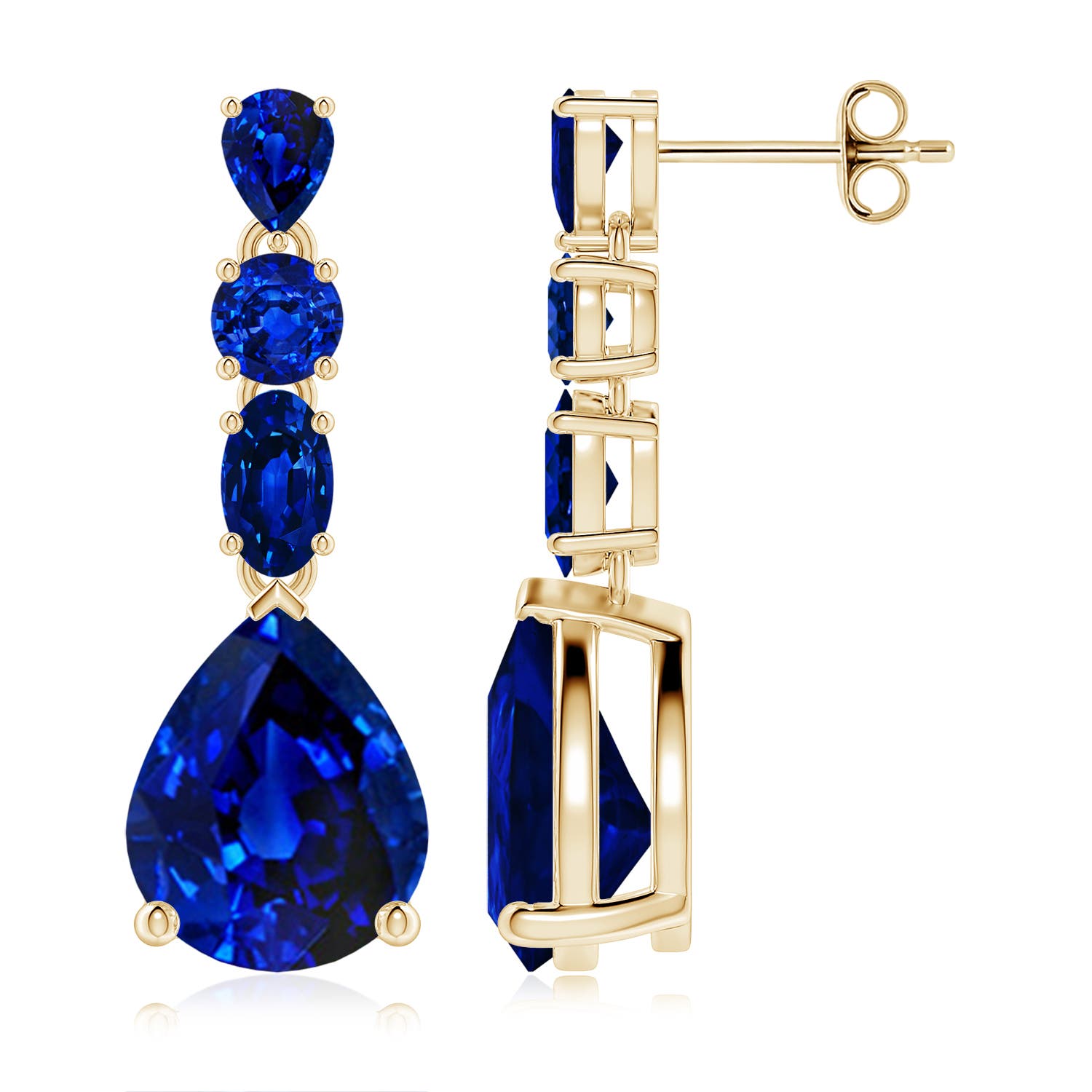 10x8mm AAAA Multi-Shape Blue Sapphire Dangle Earrings in 18K Yellow Gold