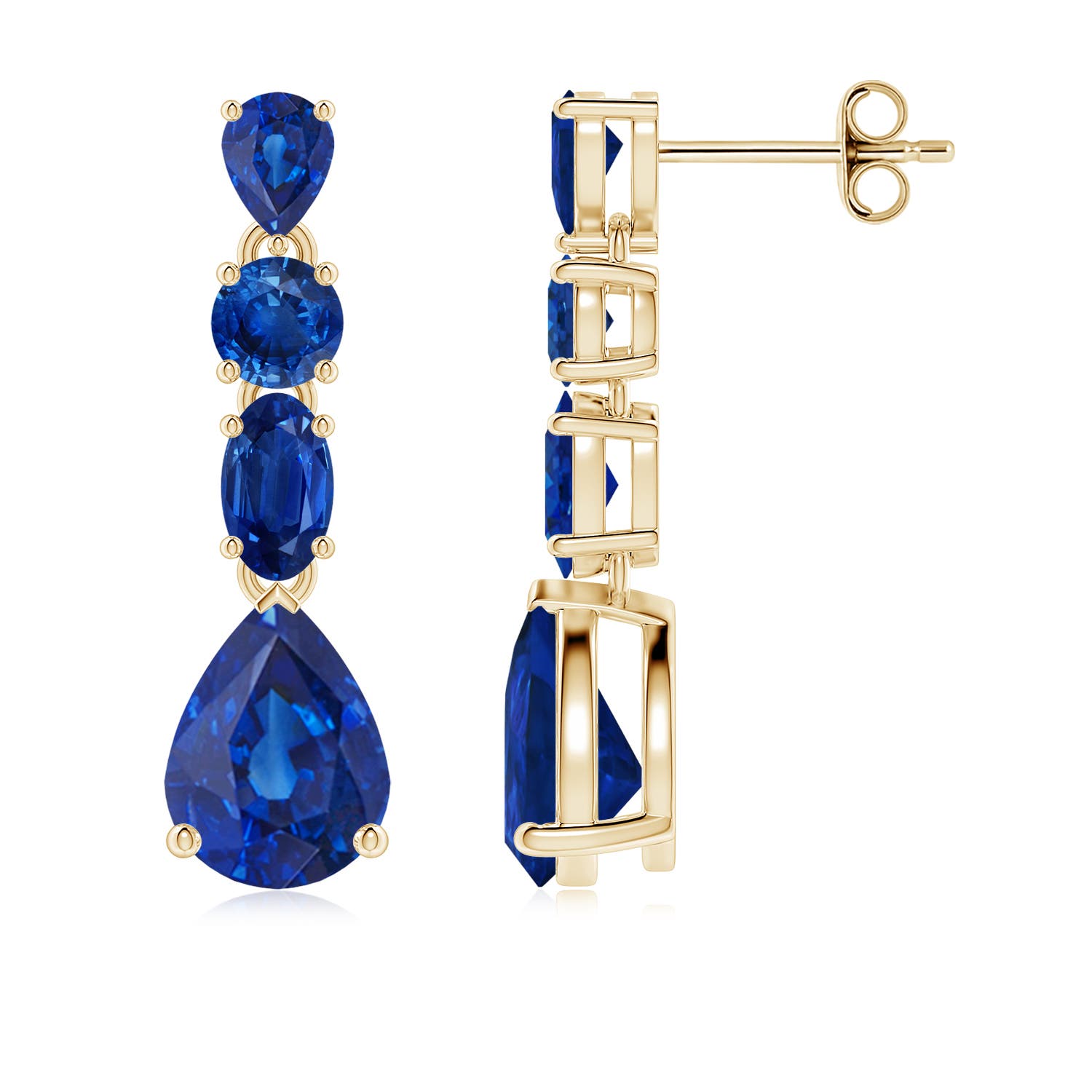 8x6mm AAA Multi-Shape Blue Sapphire Dangle Earrings in Yellow Gold