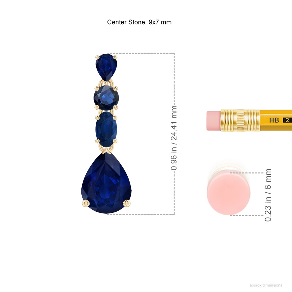 9x7mm AA Multi-Shape Blue Sapphire Dangle Earrings in Yellow Gold ruler