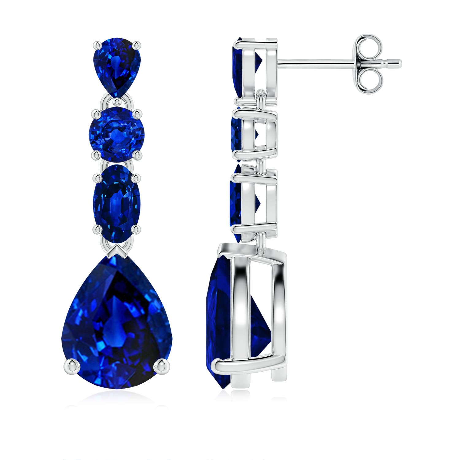 9x7mm AAAA Multi-Shape Blue Sapphire Dangle Earrings in White Gold
